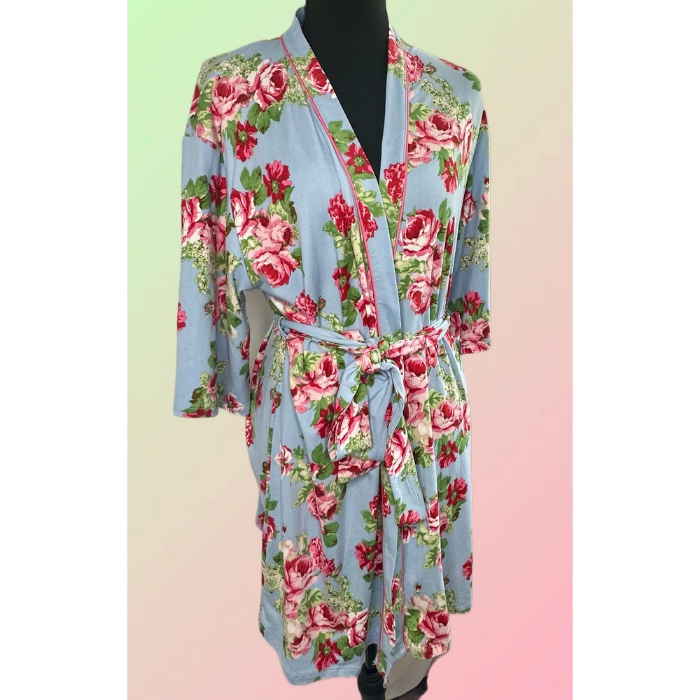 Flora by Flora Nikrooz Blue Pink Rose Floral Short Wrap Robe Loungewear Small‎